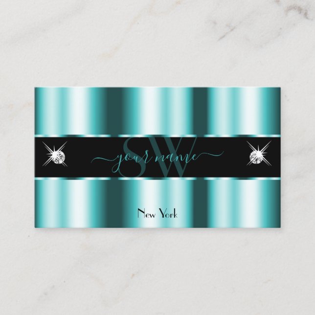 Shimmery Teal Black Sparkling Diamonds Monogram Business Card (Front)