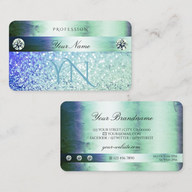 Shimmery Teal Blue Glitter Sparkle Stars Monogram Business Card (Front/Back)
