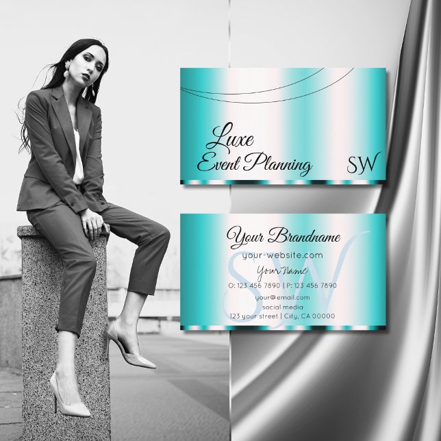 Shimmery Teal Glamourous with Initials Stylish Business Card (Creator Uploaded)