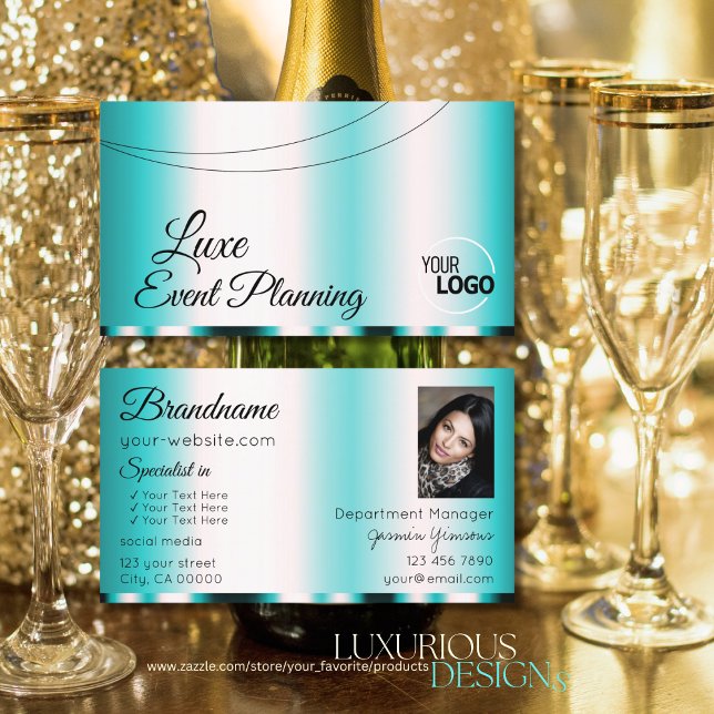 Shimmery Teal Glamourous with Logo and Photo Moder Business Card (Creator Uploaded)