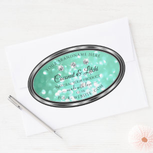 Shimmery Teal Glitter Product Labels with Diamonds