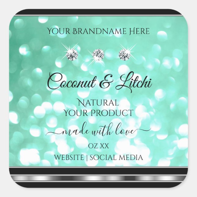 Shimmery Teal Glitter Product Labels with Diamonds (Front)