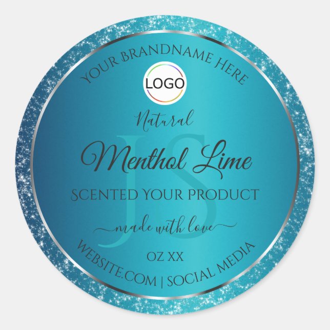 Shimmery Teal Logo Initials Glitter Product Labels (Front)
