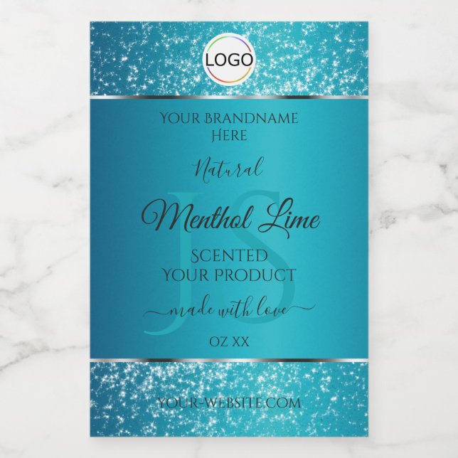 Shimmery Teal Logo Initials Glitter Product Labels (Single Label)