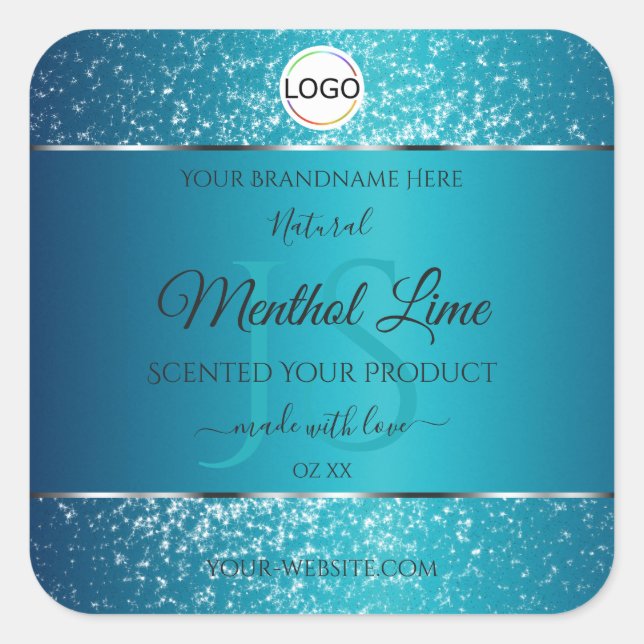 Shimmery Teal Logo Initials Glitter Product Labels (Front)