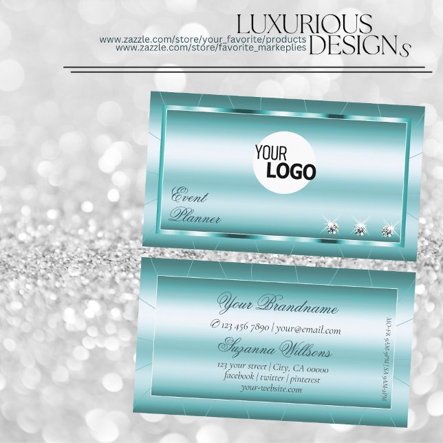 Shimmery Teal with Diamonds and Logo Glamourous Business Card (Creator Uploaded)