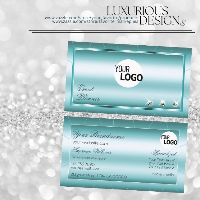 Shimmery Teal with Diamonds and Logo Professional Business Card (Creator Uploaded)