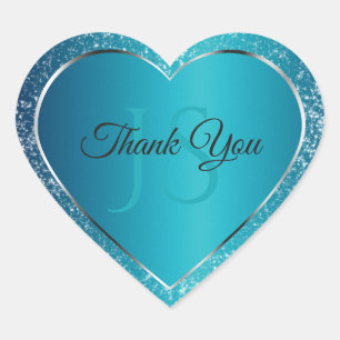 Shimmery Teal with Glitter Initials Cute Thank You Heart Sticker