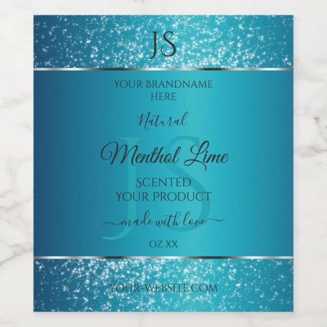 Shimmery Teal with Glitter Initials Product Labels (Single Label)