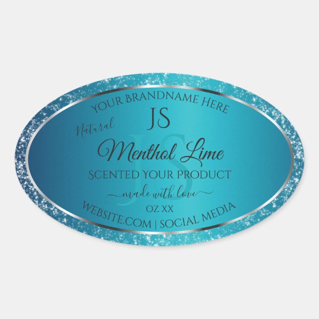 Shimmery Teal with Glitter Initials Product Labels (Front)