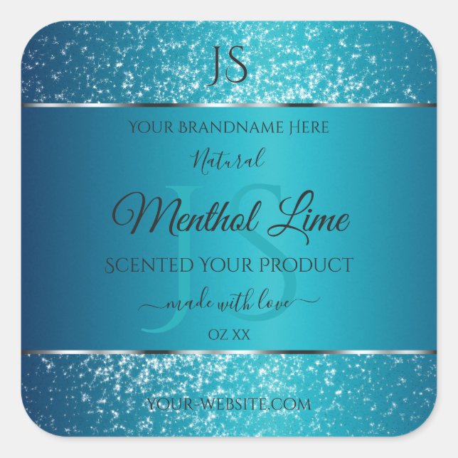 Shimmery Teal with Glitter Initials Product Labels (Front)
