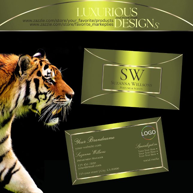 Shimmery Yellow Olive Green with Monogram and Logo Business Card (Creator Uploaded)