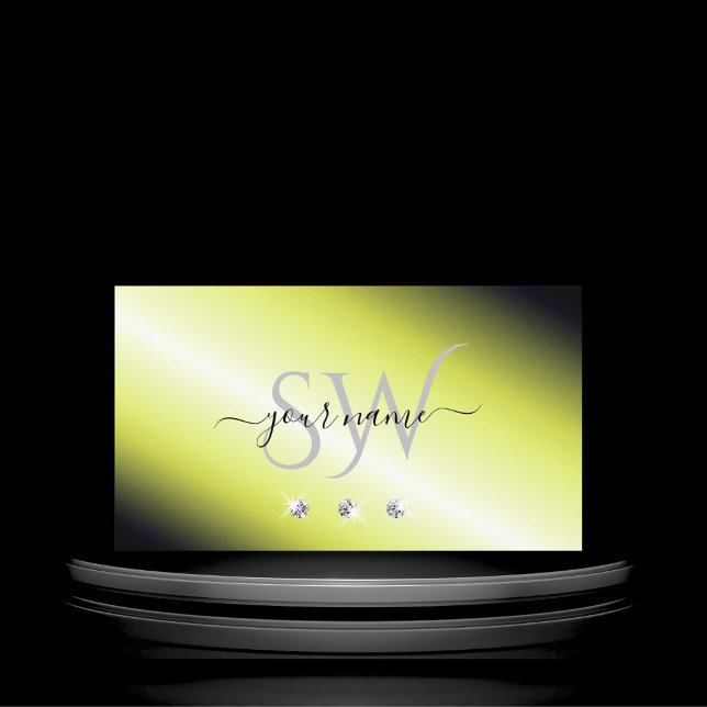 Shimmery Yellow Silver Sparkling Diamonds Monogram Business Card (Creator Uploaded)