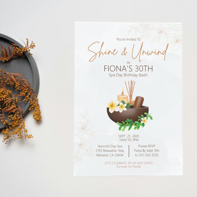 Shine and Unwind Spa Day Birthday Bash Invitation (Serene spa theme birthday invitation. It's time to Shine and Unwind!)