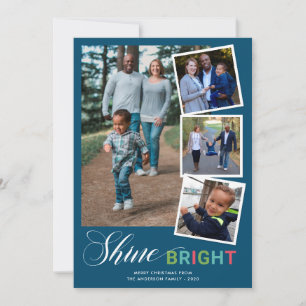 Shine Bright Colourful 4 Photo Blue Christmas Holiday Card