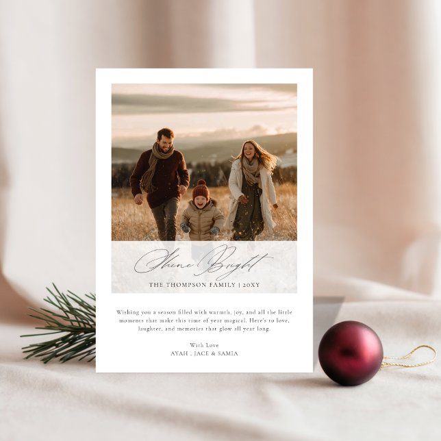 Shine Bright Elegant Script Rustic Christmas Photo Holiday Card (Creator Uploaded)
