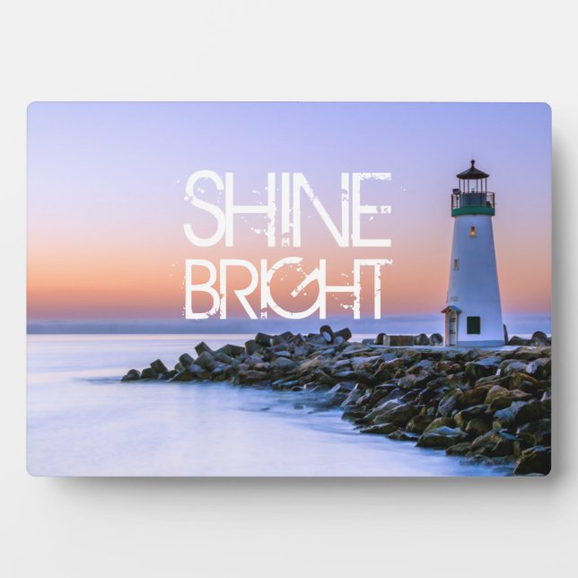 Shine Bright Lighthouse Pastel Sunset Rocky Beach Plaque (Front)