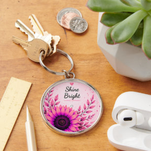 Shine Bright Pink Sunflower Inspirational Keychain