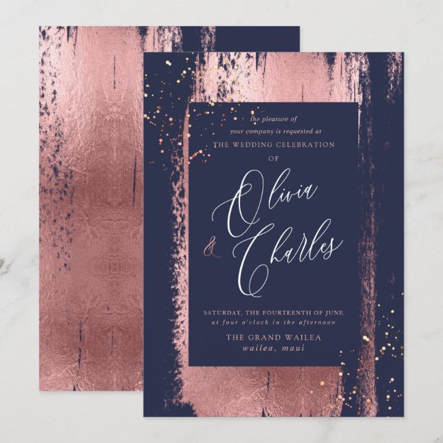 Shine, Faux Metallic Rose Gold Brush Stroke Invitation (Front/Back)