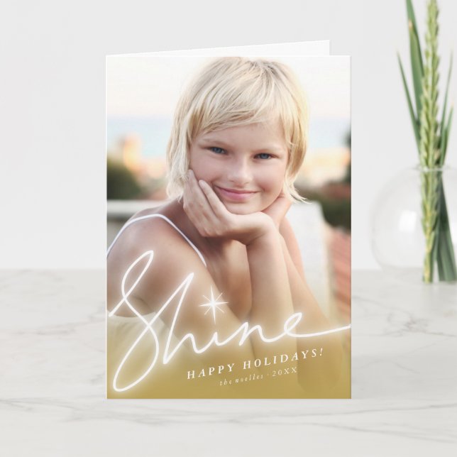 Shine Glow Handwriting Script Gold Ombre Photo Holiday Card (Front)