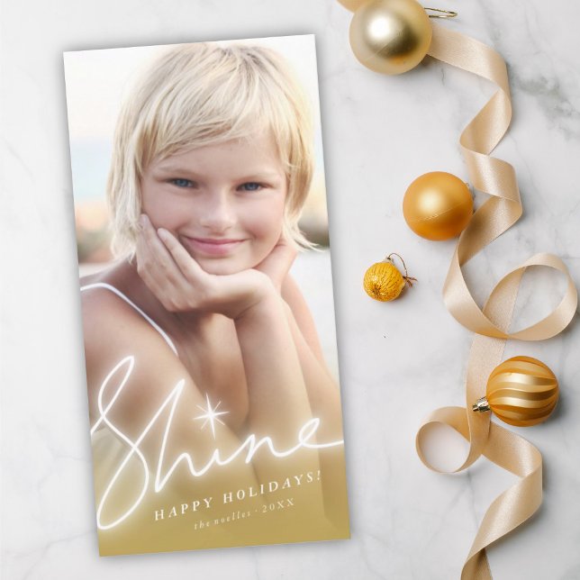 Shine Glow Handwriting Script Gold Ombre Photo Holiday Card (Creator Uploaded)