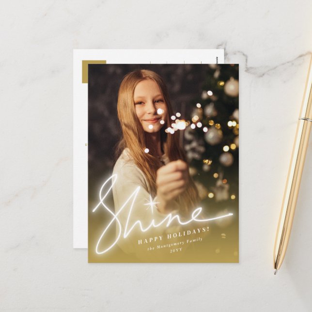 Shine Glow Handwriting Script Gold Ombre Photo Holiday Postcard (Front/Back In Situ)