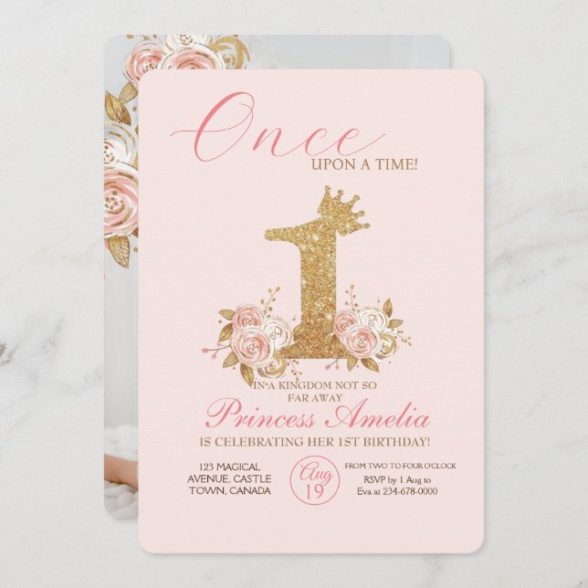 Shine Golden Crown Princess First Birthday Party  Invitation (Front/Back)