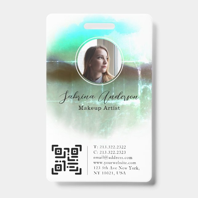 Shine Green Watercolor Abstract Script Photo Logo ID Badge (Front)