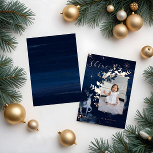 Shine Navy Gold Snowflakes Reindeer & Jewels Photo Foil Holiday Card