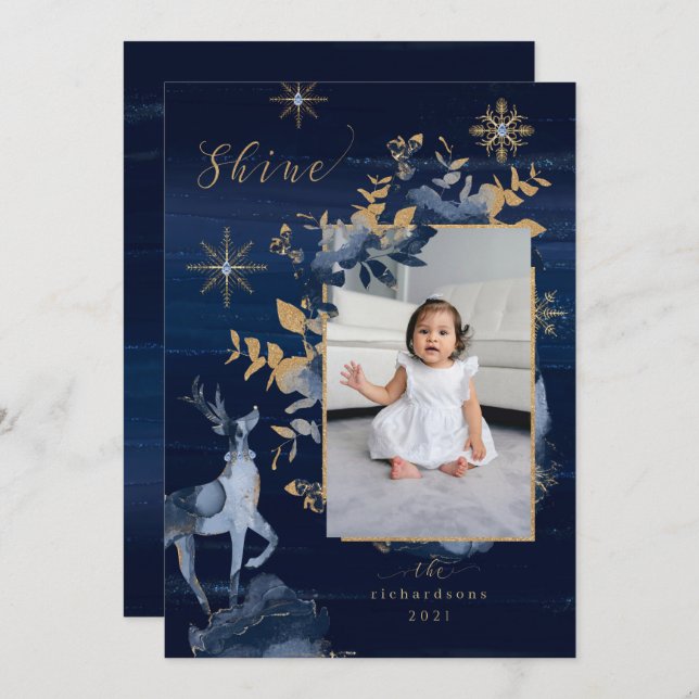 Shine Navy Gold Snowflakes Reindeer & Jewels Photo Holiday Card (Front/Back)