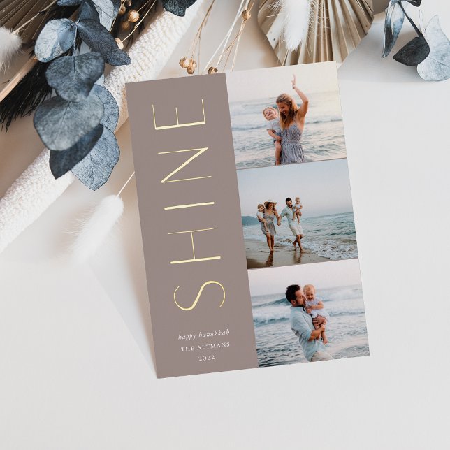 Shine On | Modern 3 Photo Collage Hanukkah Foil Holiday Card (Creator Uploaded)