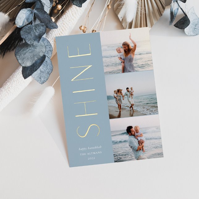 Shine On | Modern 3 Photo Collage Hanukkah Foil Holiday Card (Creator Uploaded)