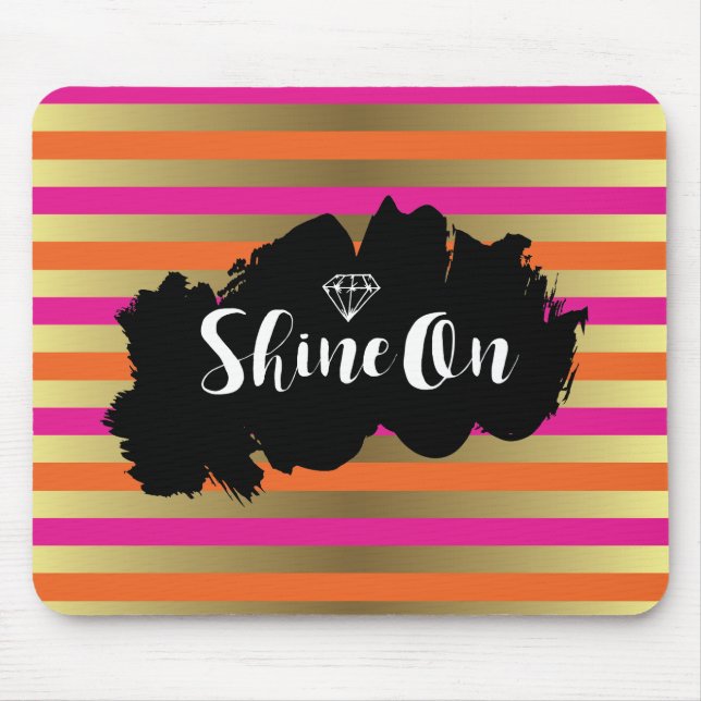 Shine On Pink Orange & Faux Gold Metallic Stripe Mouse Mat (Front)