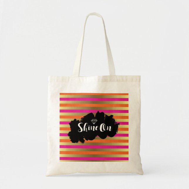 Shine On Pink, Pink & Faux Gold Metallic Stripe Tote Bag (Front)