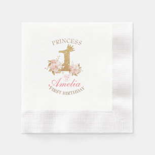 Shine Pink Gold Crown Princess 1st Birthday Party Napkin