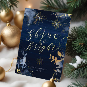 Shine So Bright Navy Gold Snowflakes & Reindeer Foil Holiday Card