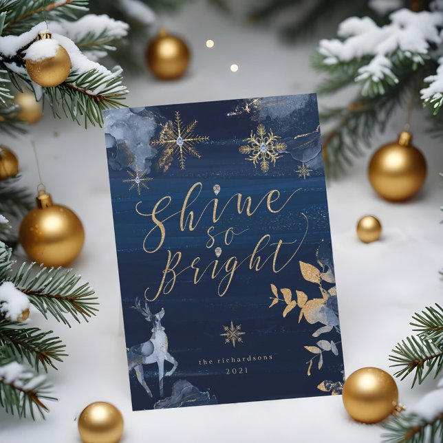 Shine So Bright Navy Gold Snowflakes & Reindeer Holiday Card (Shine So Bright Navy Gold Snowflakes & Reindeer Holiday Card)