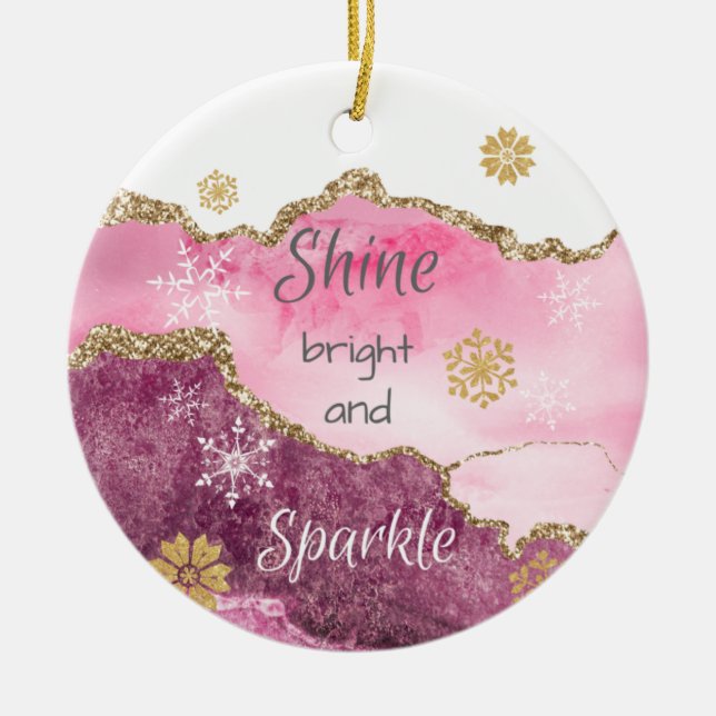 Shine Sparkle Hot Pink Gold Glitter Agate Ceramic Tree Decoration (Front)