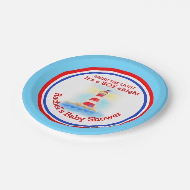 Shine the light boy lighthouse baby shower plate (Angled)