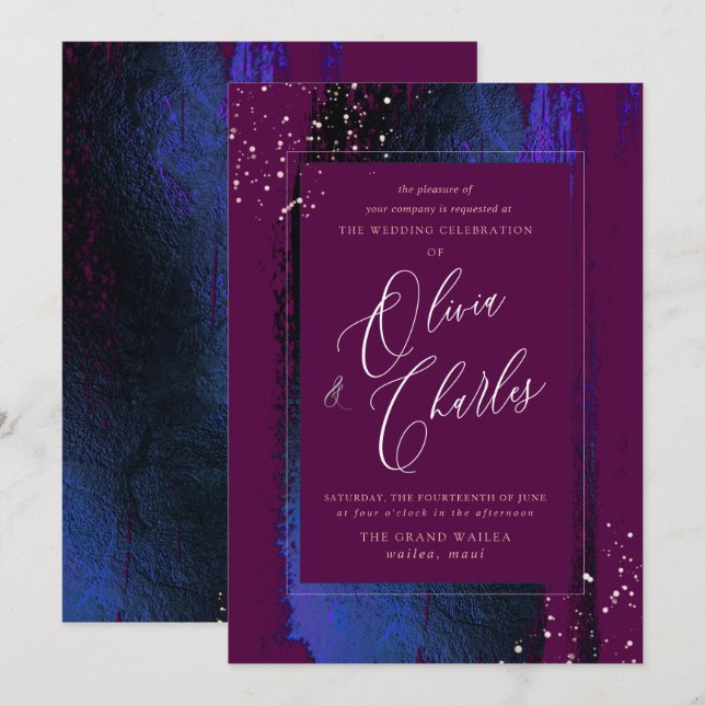 Shine, Winter Blue Brush Strokes+Cassis Invitation (Front/Back)