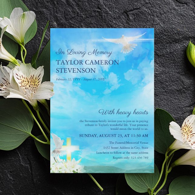Shining Cross & White Doves In Loving Memory Invitation (Creator Uploaded)