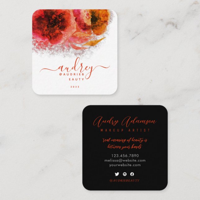 Shining Gold Floral Script Signature Monogram Square Business Card (Front/Back)
