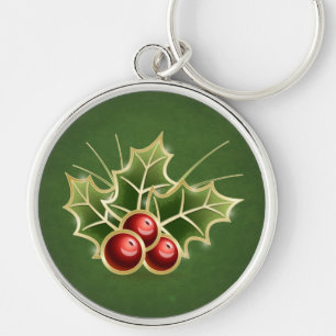 Shining Holly Berry Christmas green Key Ring