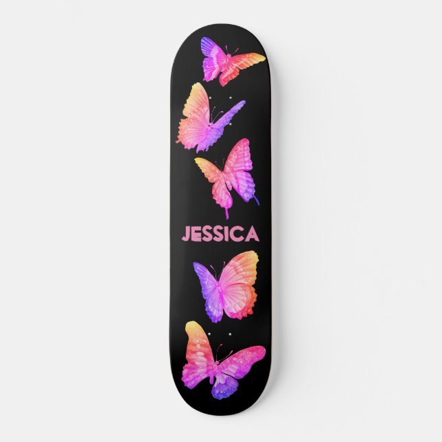 Shining Pink Cute Butterflies Monogram Skateboard (Front)