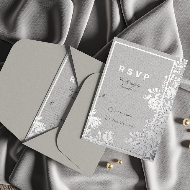 Shining Silver Botanical Framed RSVP Foil Invitation Postcard (Creator Uploaded)
