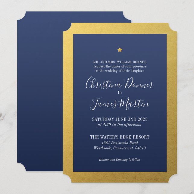 Shining Star Navy Gold Ticket Wedding Invitation (Front/Back)