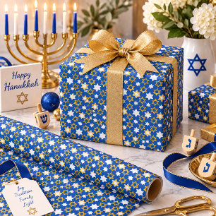 Shining Stars of David Elegant Blue, Gold & White Wrapping Paper