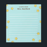 Shining Stars Turquoise Lined A Note From Teacher<br><div class="desc">Turquoise A note from School Teacher notepad personalised with the teacher's name in brown against a light turquoise background and lots of shiny, round stars. Gold star themed teacher's notepad in robin egg blue with lines and the teacher's name. Personalised teacher's notepad with stars in yellow against a warm blue...</div>