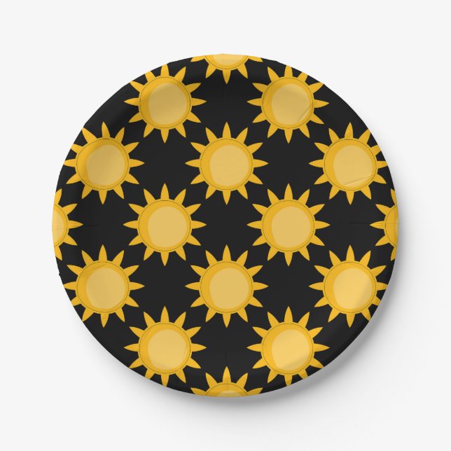 Shining Sun Illustration On Black Pattern Design  Paper Plate (Front)