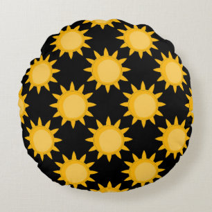 Shining Sun Illustration On Black Pattern Design Round Cushion